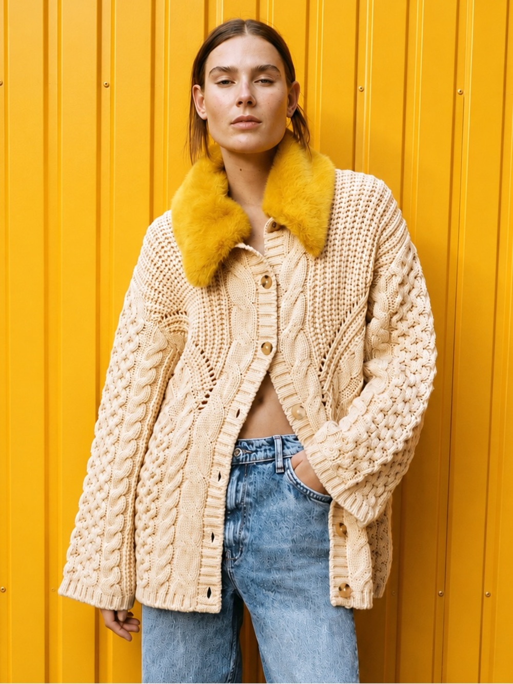 ZARA Cream Cable-Knit Cardigan with Removable Mustard Faux-Fur Collar M-L